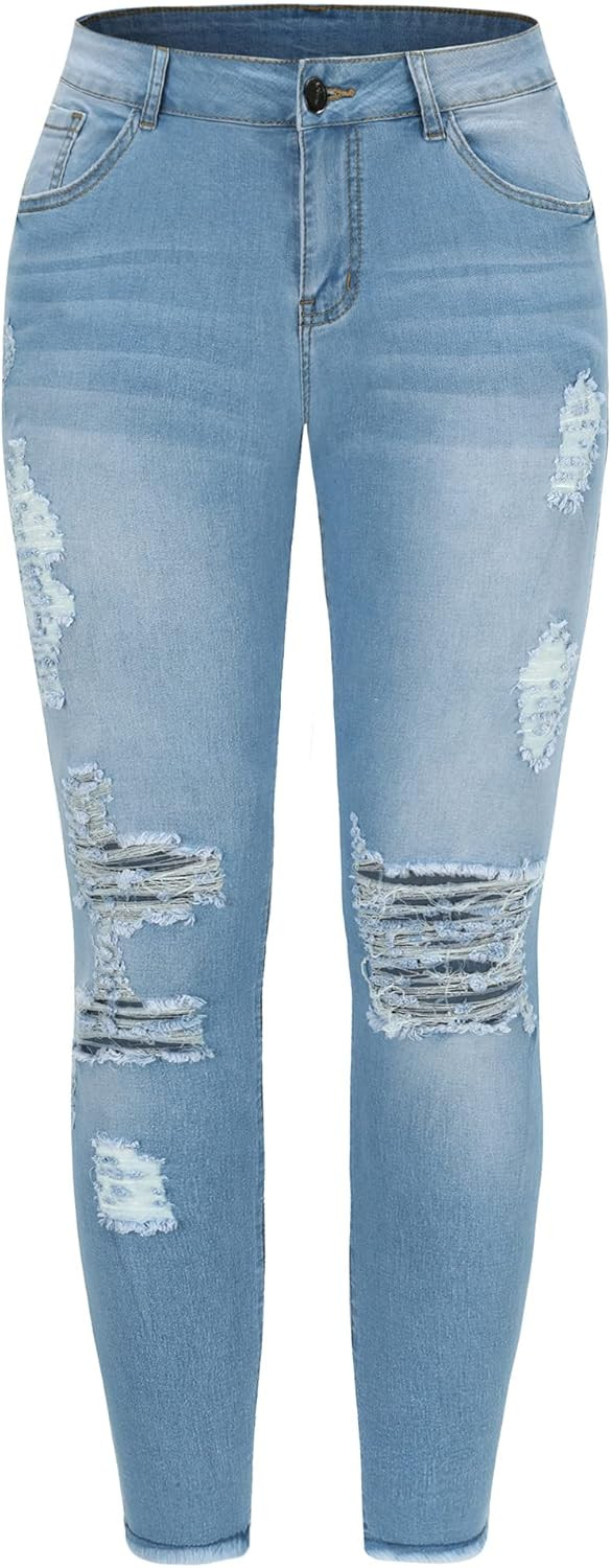 THUNDER STAR Womens Stretch Ripped Cropped Jeans Mid Rise Distressed Casual Denim Pants | Amazon (US)