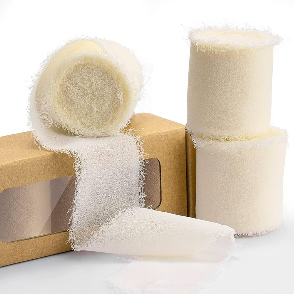 Chiffon Ribbon, 3 Rolls Cream White Handmade Fringe Chiffon Silk Ribbon 1.5" x 7Yd Ribbons Set fo... | Amazon (US)