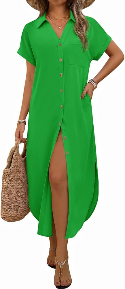Yousify Summer Dresses for Women 2026 Casual Short Sleeve Button Down Maxi Dress Beach Cover Ups ... | Amazon (US)