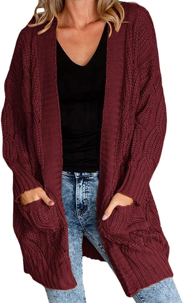 Miladusa Women's Cardigan Sweaters Long Sleeve Plus Size Solid Cable Knit Open Front Outerwear wi... | Amazon (US)