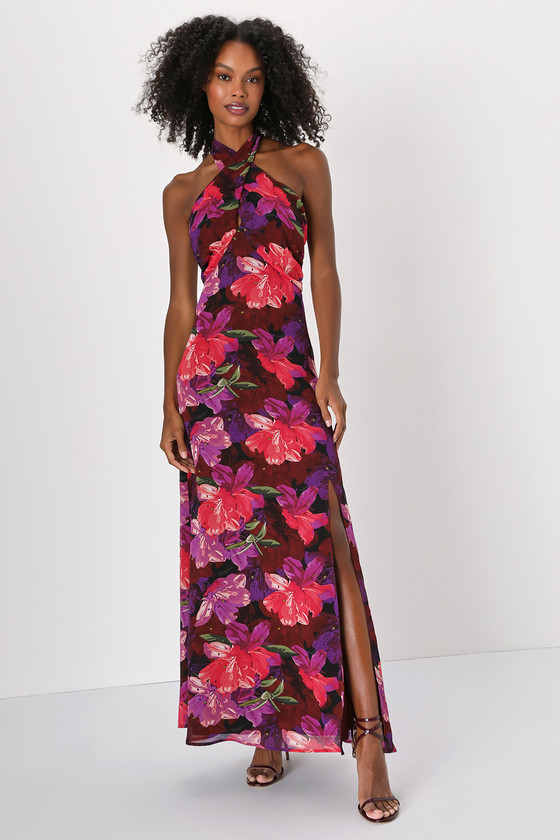 Forever Gorgeous Black Multi Floral Print Halter Maxi Dress | Lulus (US)