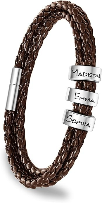 Personalized Mens Leather Bracelet with Custom Beads, Customized Braid Leather Bracelet Engraved ... | Amazon (US)