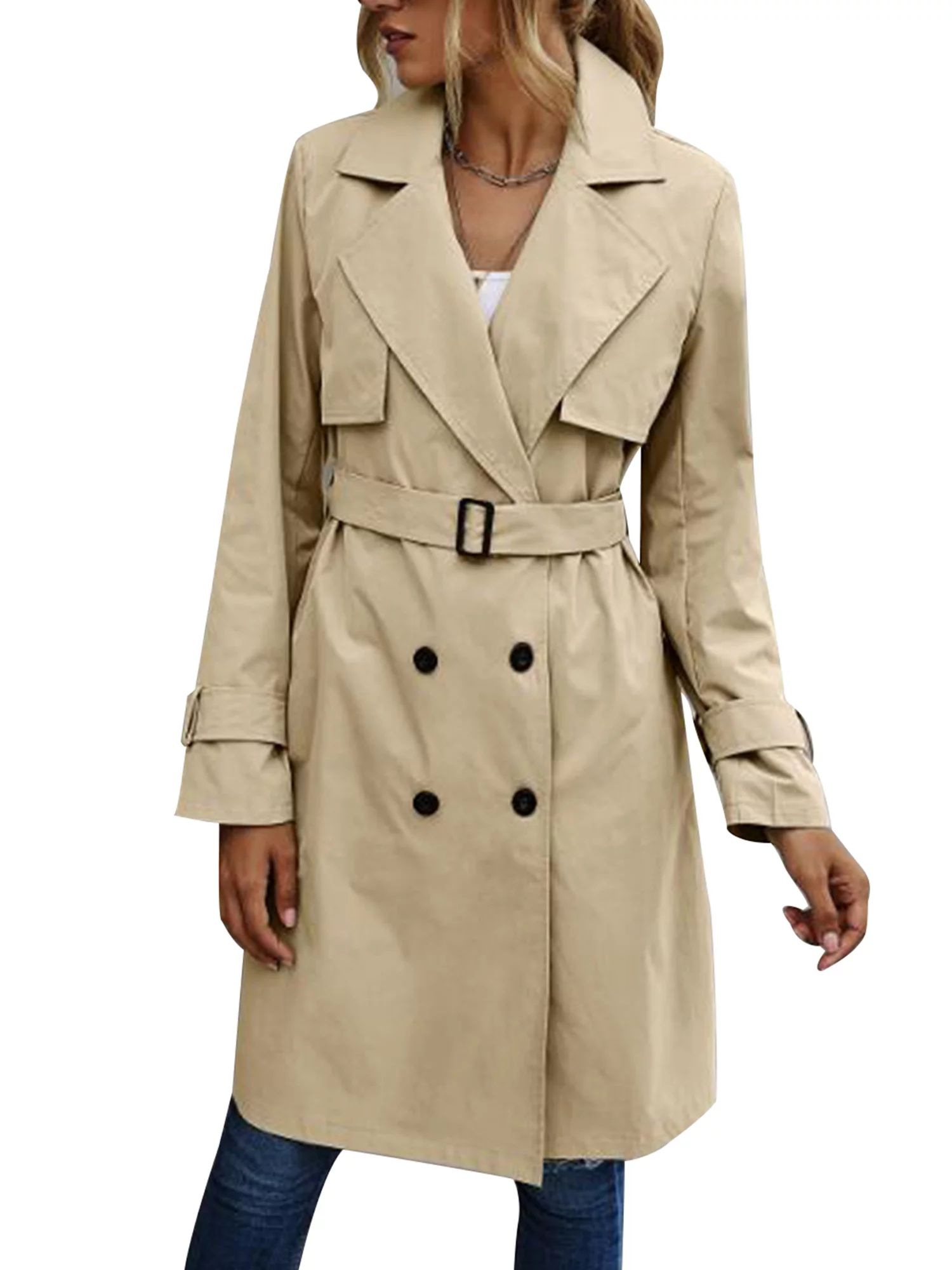 AvoDovA Women Jacket Solid Color Long Sleeve Lapel Double Breasted Belted Trench Coat Khaki L | Walmart (US)