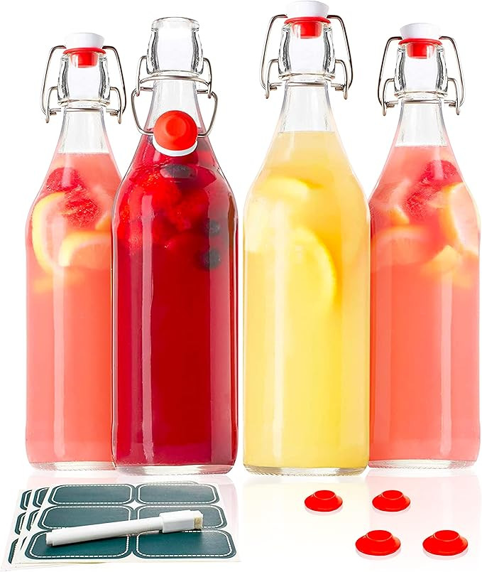 Otis Swing Top Glass Bottles with Ceramic Caps - 1 Liter, 4 Pack - Clear Glass Bottle for Kombuch... | Amazon (US)