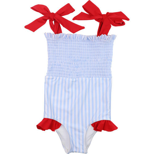 Red And Blue Striped Ruched Lycra Swimsuit | Cecil and Lou