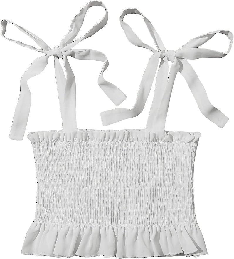 MakeMeChic Women's Tie Shoulder Ruffle Trim Sleeveless Shirred Crop Cami Tank Top Vest | Amazon (US)