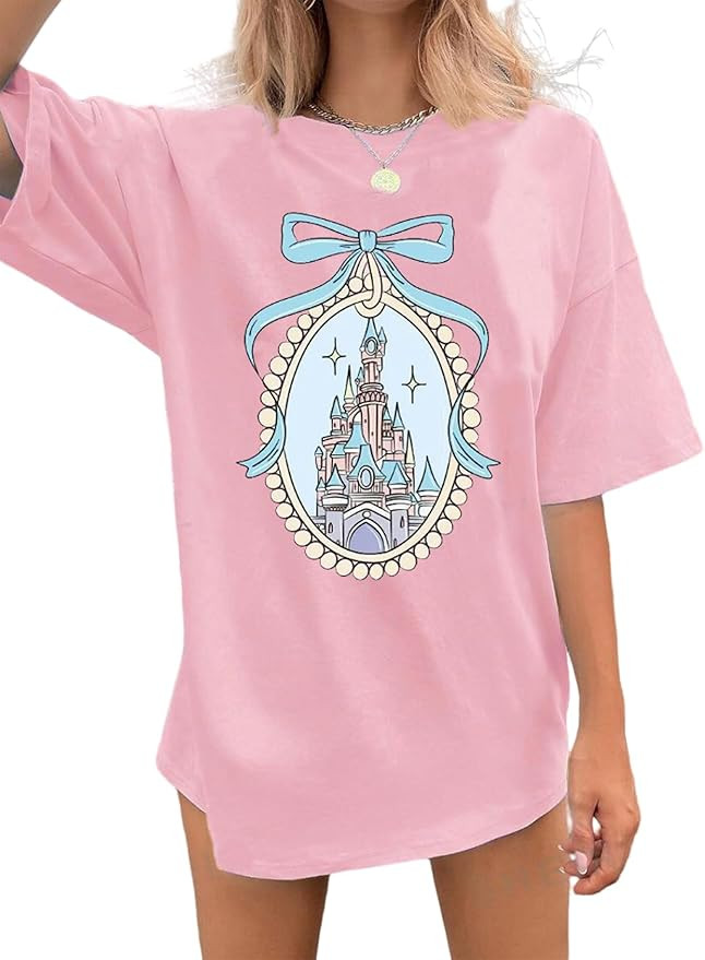 jusgai Magic Kingdom Tshirts for Women Cute Castle Shirt Oversized Bows Graphic Tee Family Vacati... | Amazon (US)