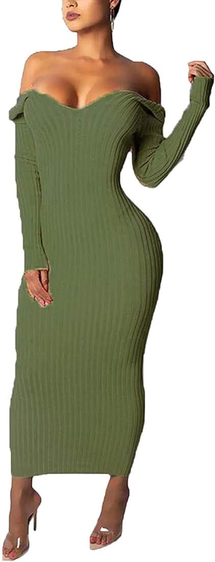 Cinyifaan Women's Casual Off Shoulder Long Sleeves Slim Knit Bodycon Sweater Dress Midi Pencil Dr... | Amazon (US)