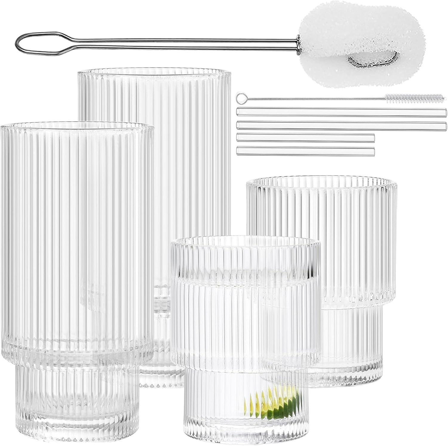 ALINK Ribbed Drinking Glasses with Glass Straws 4pcs Set, Stackable Vintage Fluted Glass Cups, Ri... | Amazon (US)