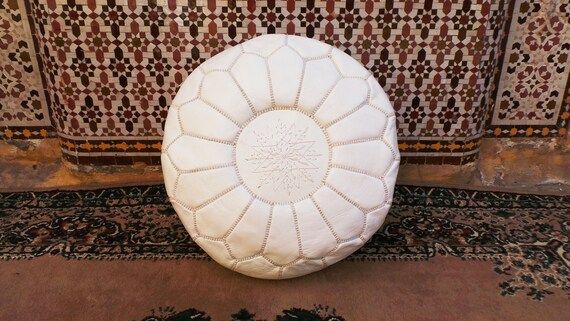 Ottoman White Moroccan leather made in handmade Moroccan pouf ottoman white Poof Ottoman leather ... | Etsy (US)