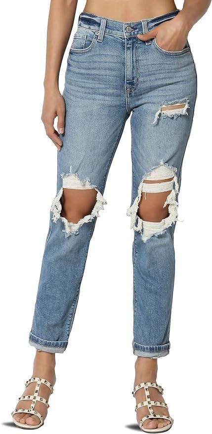 TheMogan Women's Distressed Destructed Washed Denim Mid~High Rise Relaxed Boyfriend Jeans | Amazon (US)