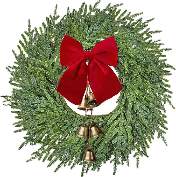 22 inch Norfolk Pine Wreath with Bow and Bell,Christmas Wreaths for Front Door,Artificial Real To... | Amazon (US)