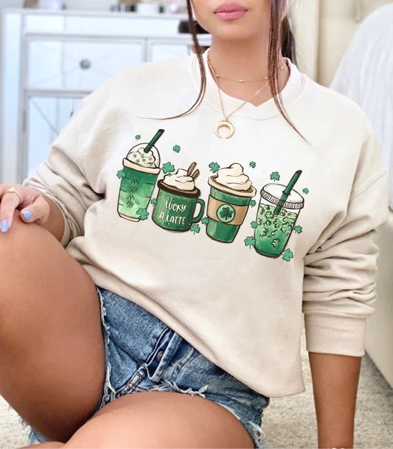 St Patricks Day Sweatshirt  Coffee Cups Sweatshirt  Shamrock | Etsy | Etsy (US)