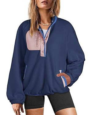 Dokotoo Sweatshirt for Women Oversized Fuzzy Fleece Jacket Color Block Button Long Sleeve Pullove... | Amazon (US)