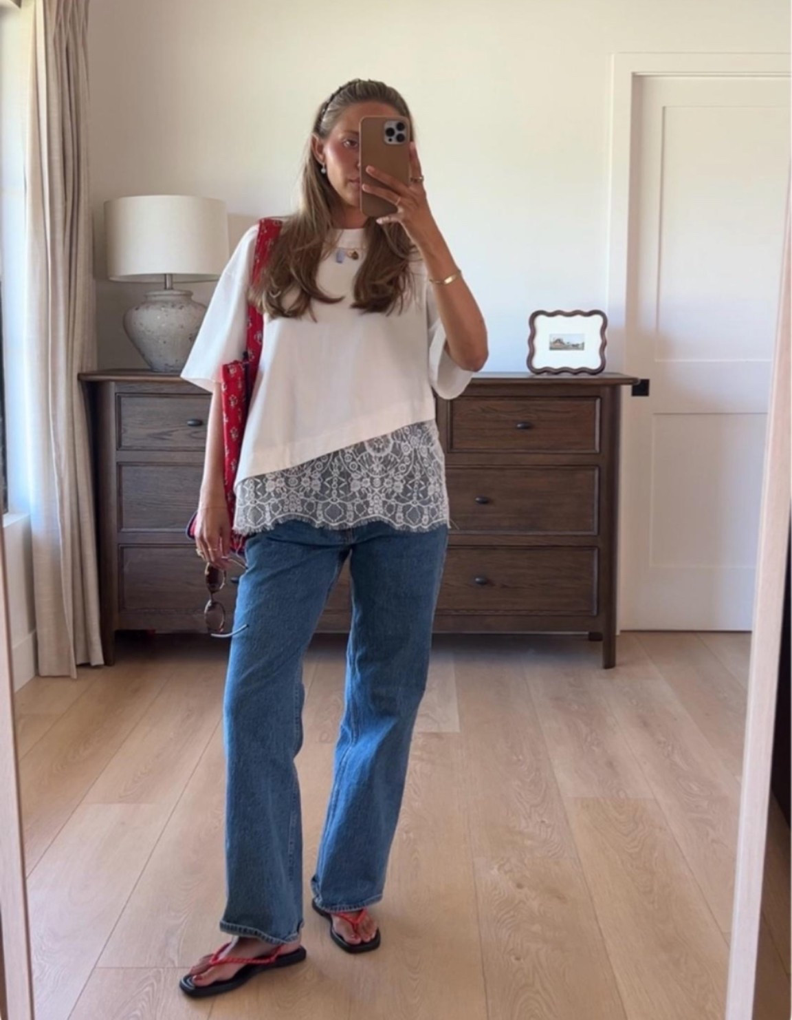 Abercrombie jeans are major sale⭐️ use DENIMAF for additional 15% off sale. 

Top- Amazon find! I’m wearing a size small 

Sandals- Amazon 

Bag- target!