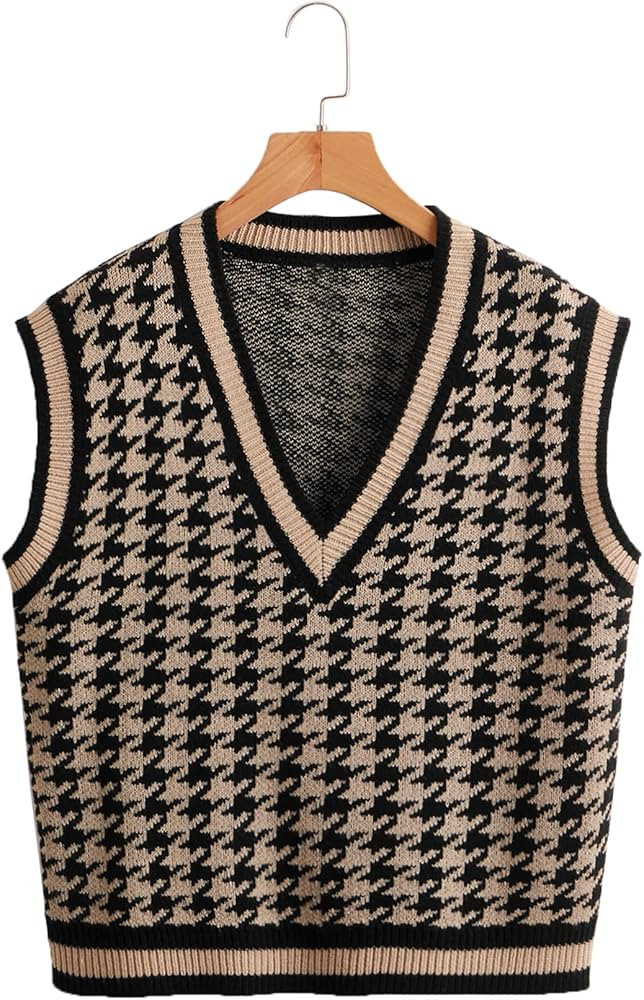 SweatyRocks Women's Plaid Geo Sleeveless V Neck Knit Crop Top Sweater Vest | Amazon (US)