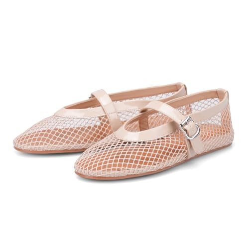 Adrizzlein Mesh Ballet Flats for Women Nude Ballerina Flats Buckle Strap Mesh Ballet Shoes Wide Width Fishnet Casual Summer Dress Flat Shoes Nude Size 9.5 | Amazon (US)