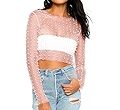 Women Pearl Rhinestone Sheer Mesh Crop Top Sexy See Through Long Sleeve Slim Fit Cropped Blouse S... | Amazon (US)