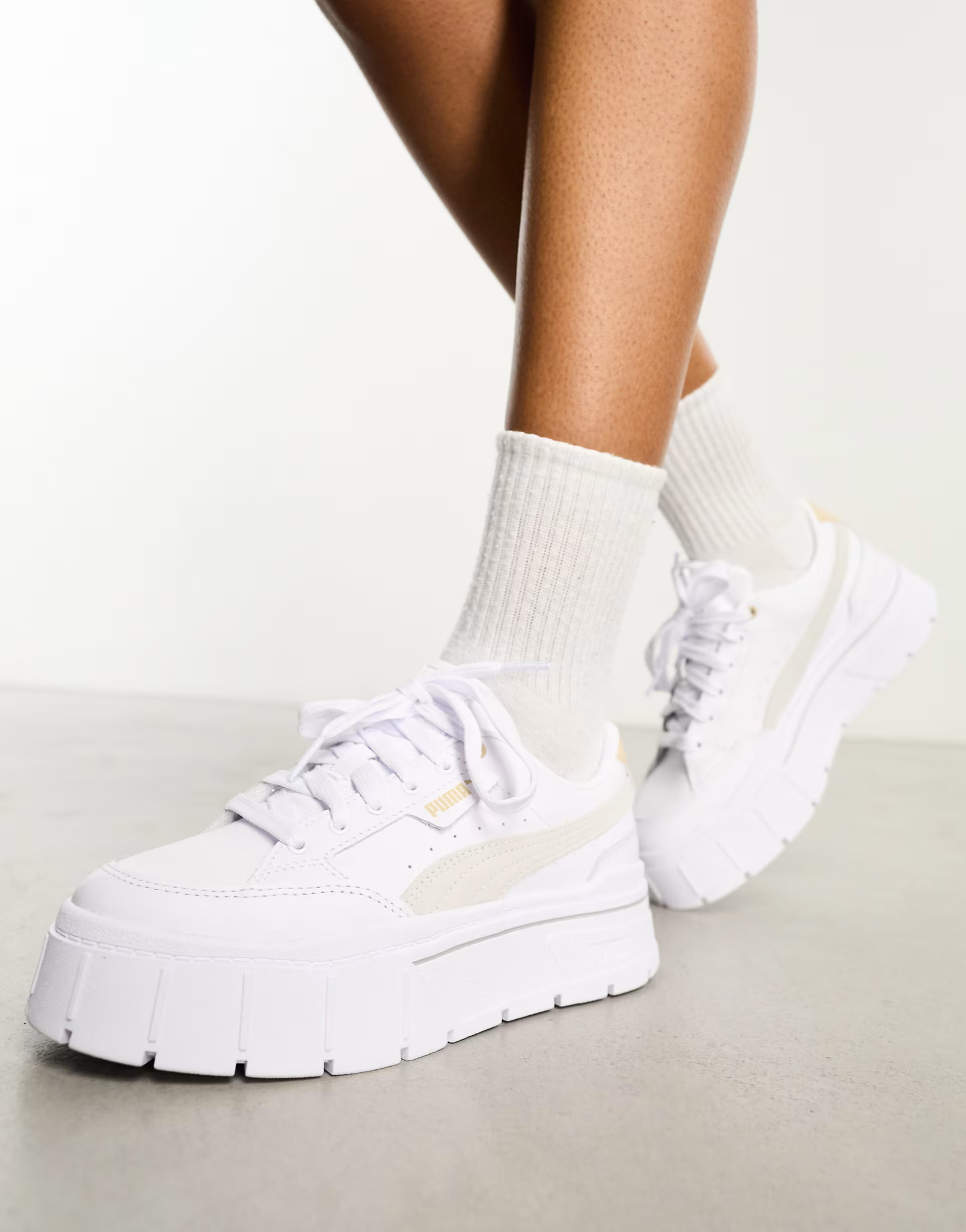 PUMA Mayze Stack Sneakers with oatmeal detail in white | ASOS (Global)