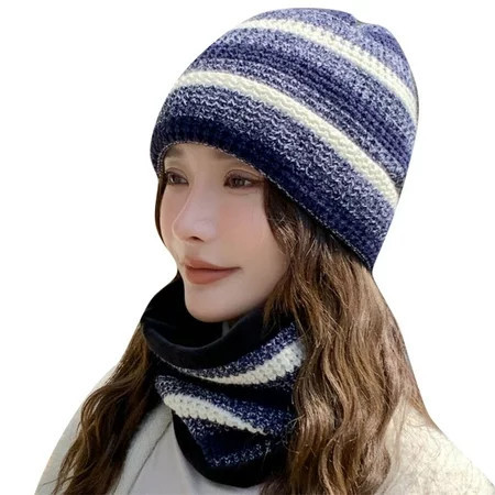 Baberdicy Traooer Hat Women Winter Thicken Windproof Knit Hat Ski Riding Fleece Warmer Hairball Hat Adjustable Cap and Scarf Neckerchief Warm Collar Set Outdoor Striped Splicing Suit Hat Navy | Walmart (US)