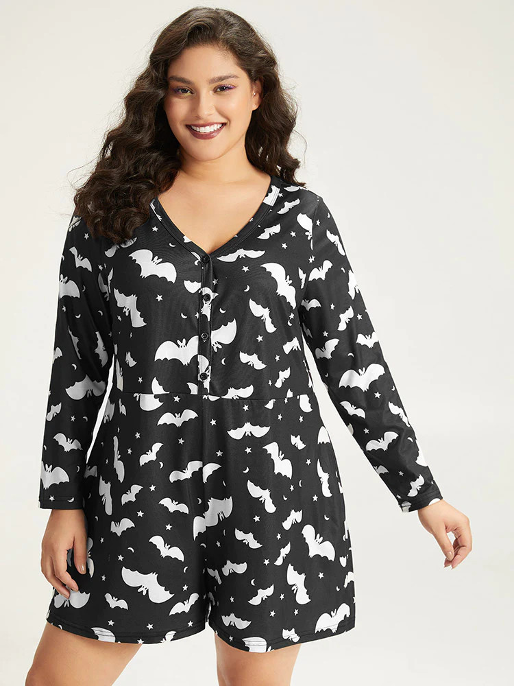 Halloween Bat Print Pocket Button Up Sleep Jumpsuit | Bloomchic