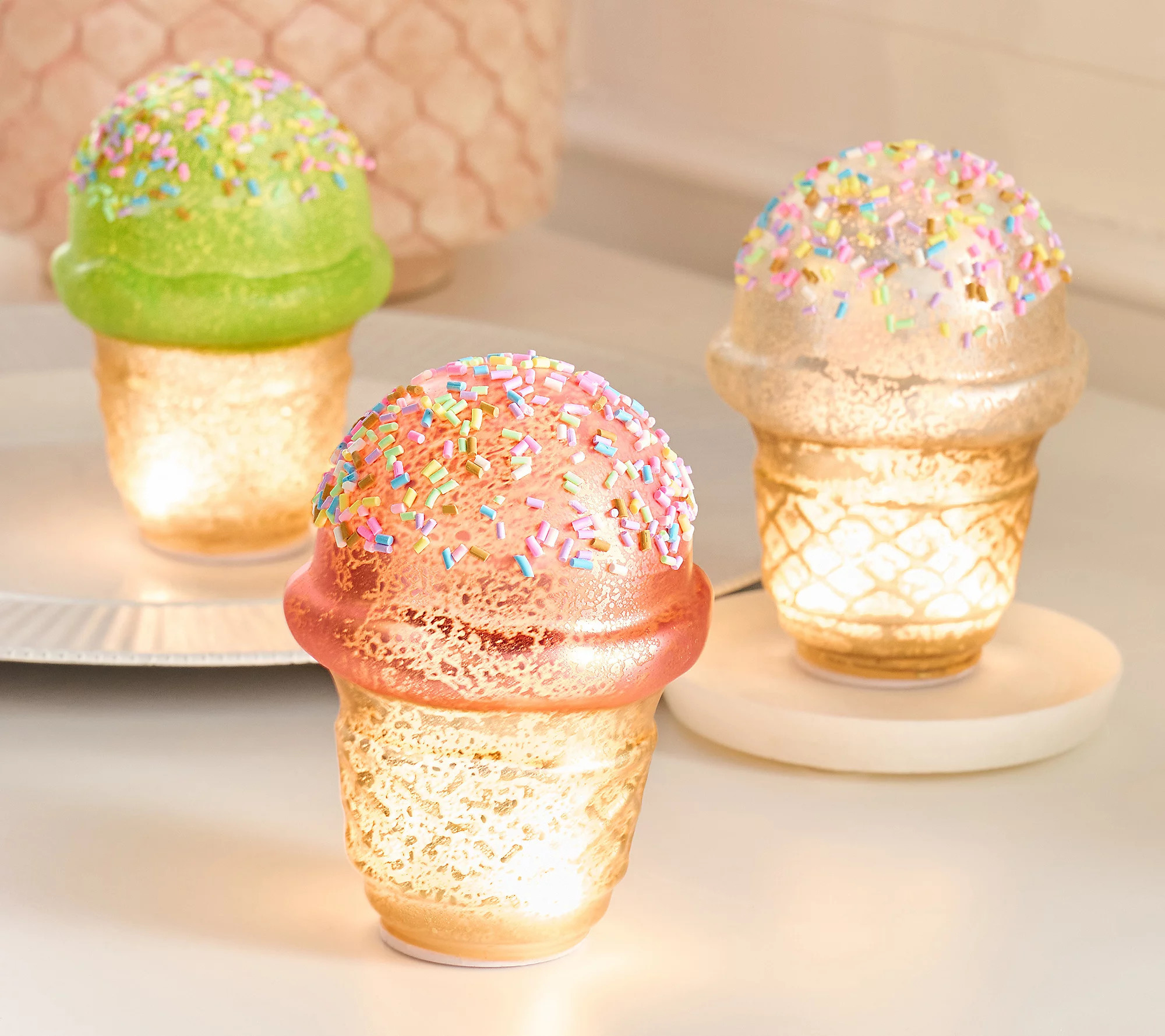 Set of 3 Lit Mercury Glass Ice Cream Cones by Valerie | QVC