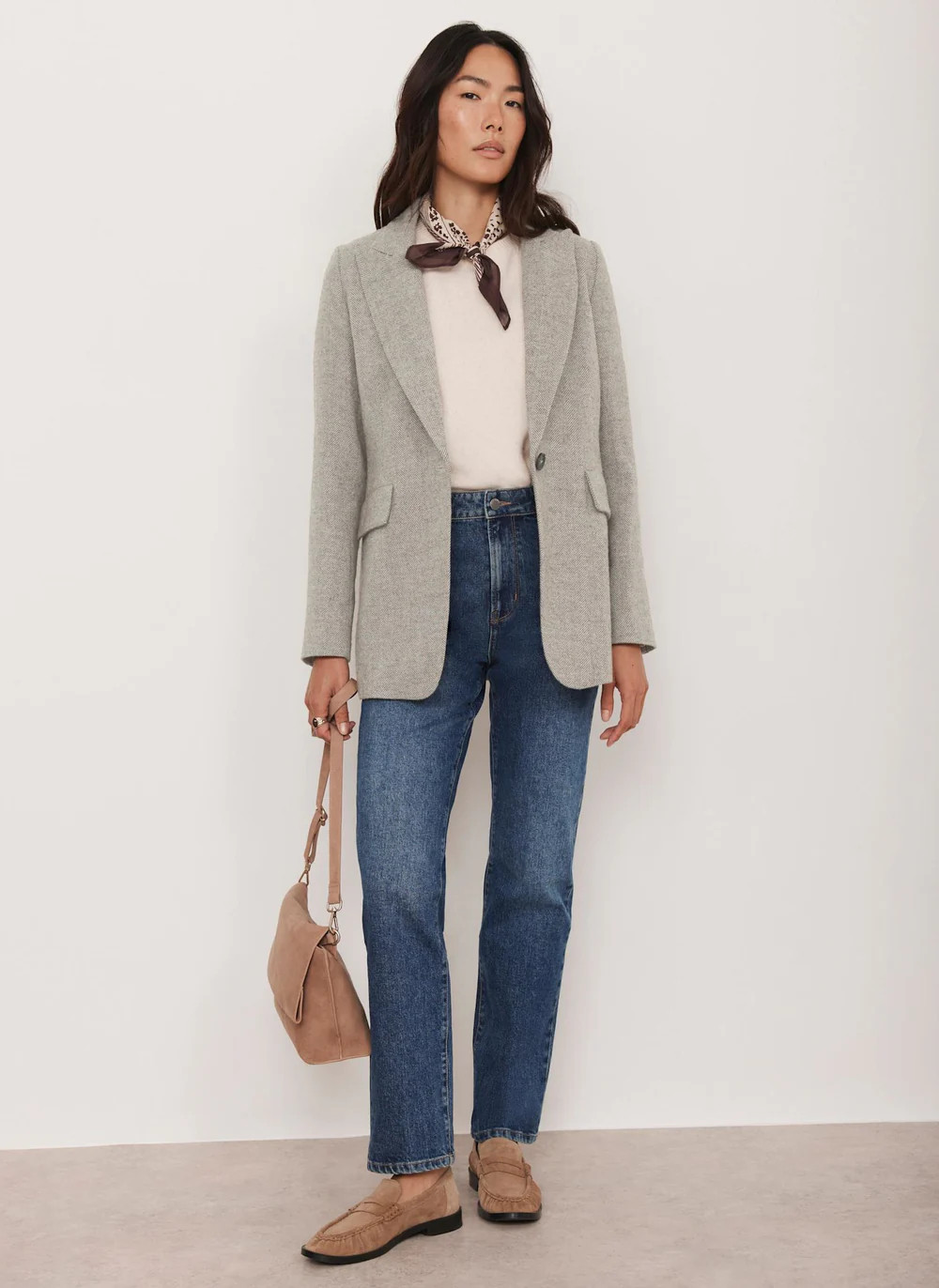Neutral Herringbone Single Breasted Blazer | Mint Velvet