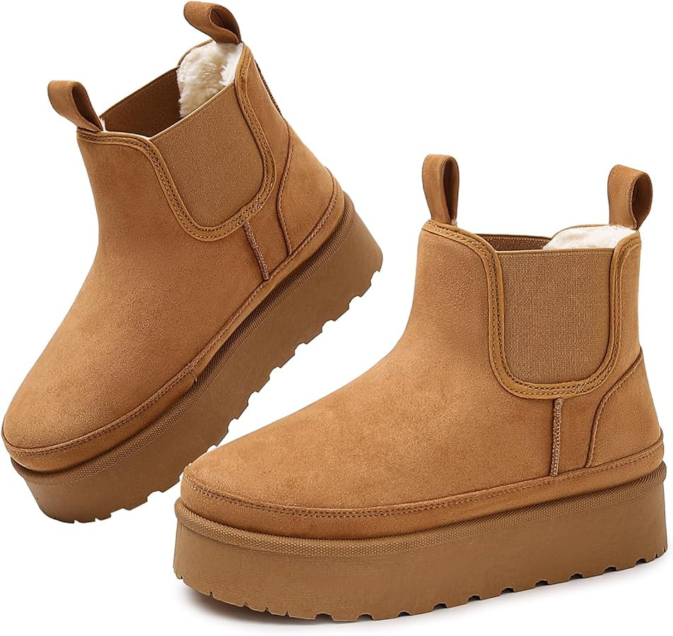 Platform Chelsea Ankle Boots for Women: Classic Winter Booties with Faux Fur Slip-On Anti-Slip Ou... | Amazon (US)