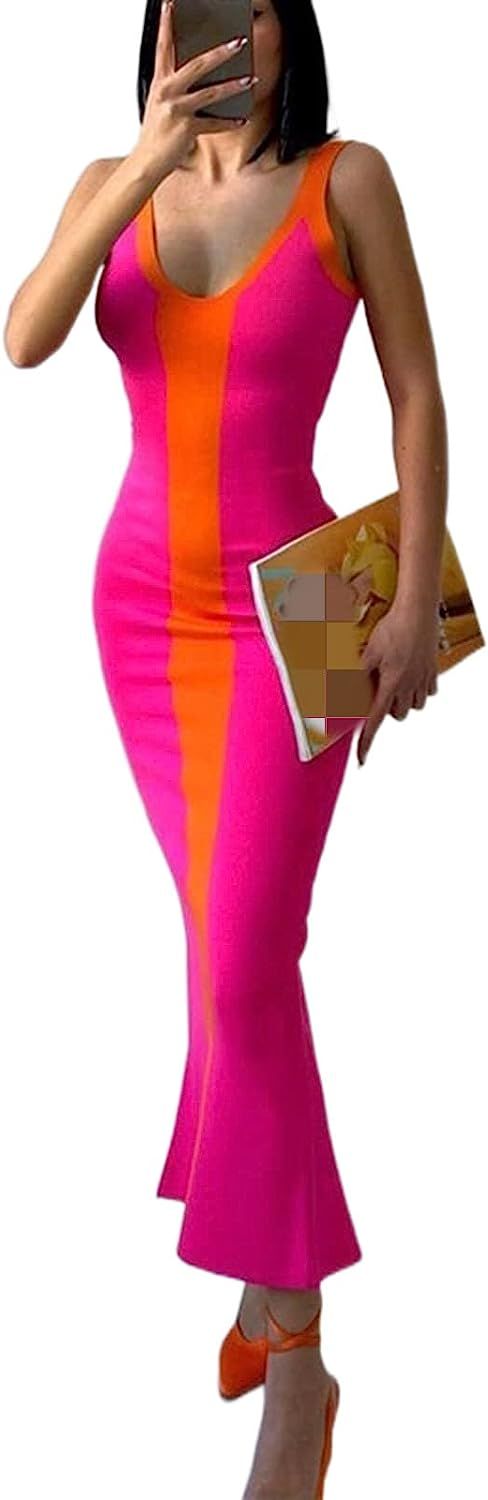 Women's Knitted High Split Bodycon Long Dress Sexy Deep U Neck Colorblock Sleeveless Club Party Slim | Amazon (US)