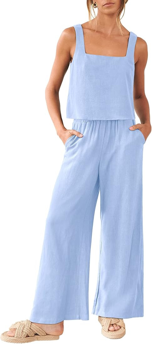 ANRABESS Women's 2 Piece Outfits Square Neck Linen Tank Crop Top Wide Leg Pants Matching Lounge S... | Amazon (US)