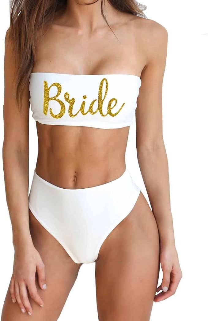 shifeier Bride Women 2 Pieces Bandeau Bikini Squad Swimsuits Off Shoulder High Waist Wifey Cheeky... | Amazon (US)