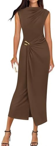 BTFBM Formal Dresses for Women 2026 Elegant Classy | Cap Sleeve,Mock Neck,Ruched,Front Slit,Midi ... | Amazon (US)