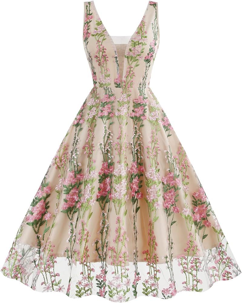Women Keyhole Floral Embroidery Dress Sheer Mesh Illusion Vintage Cocktail Swing Dress Wedding Pa... | Amazon (US)