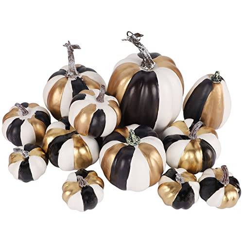 winemana 12 Pcs Assorted Artificial Pumpkins, White Black Gold Mixed Colorful Pumpkins Harvest Autumn Decor, Fake Pumpkins Fall Decorations for Home Kitchen Table Mantle Wedding Friendsgiving Party | Amazon (US)