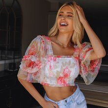 Butterfly Sleeve Frill Trim Floral Mesh Shirred Top | SHEIN