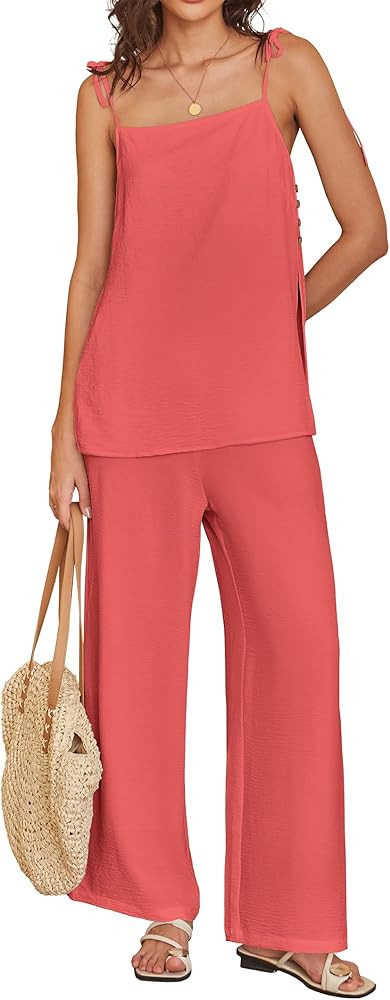 ANRABESS 2 Piece Sets for Women Summer Casual Lounge Spaghetti Strap Top Wide Leg Pants Set Vacat... | Amazon (US)