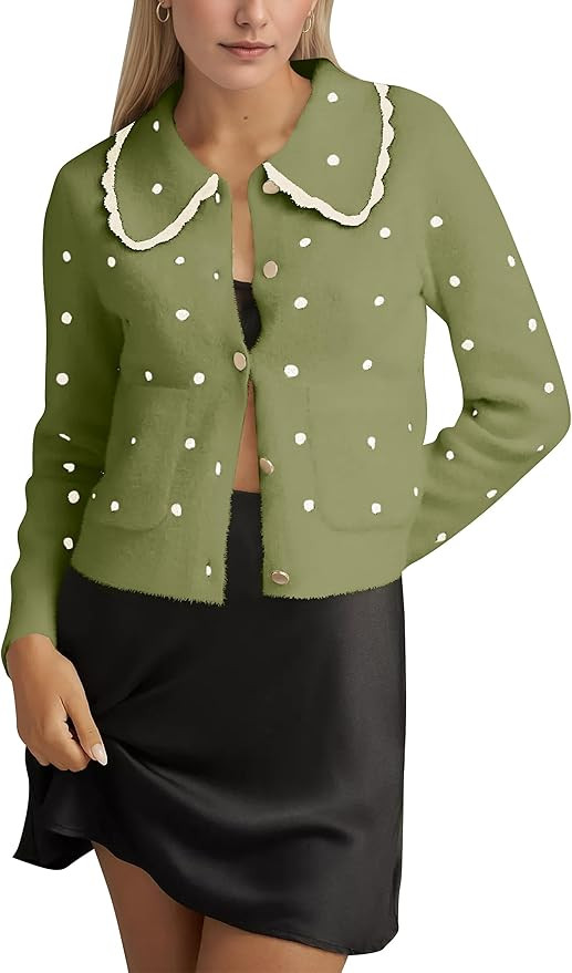 Women Polka Dot Ruffle Collar Cardigan Button Down Open Front Sweater Long Sleeve Knit Cropped Ca... | Amazon (US)