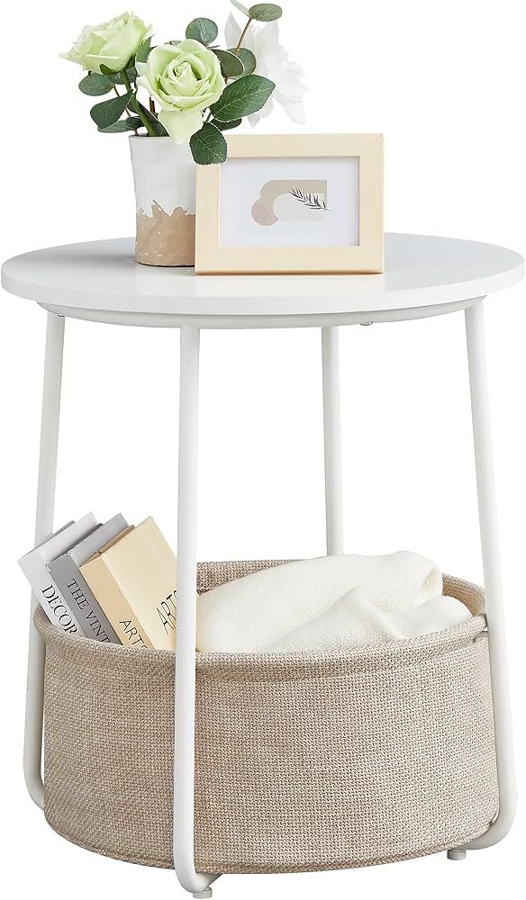 VASAGLE Small Round Side End Table, Modern Nightstand with Fabric Basket, Matte White and Camel B... | Amazon (US)