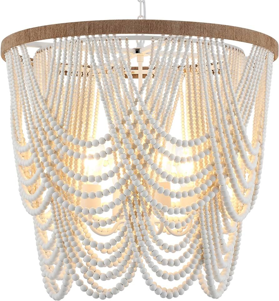 ELYCCUPA 26” Boho Wood Beaded Chandelier Rustic Farmhouse Pendant Light 4-Lights Large Coastal Chand | Amazon (US)