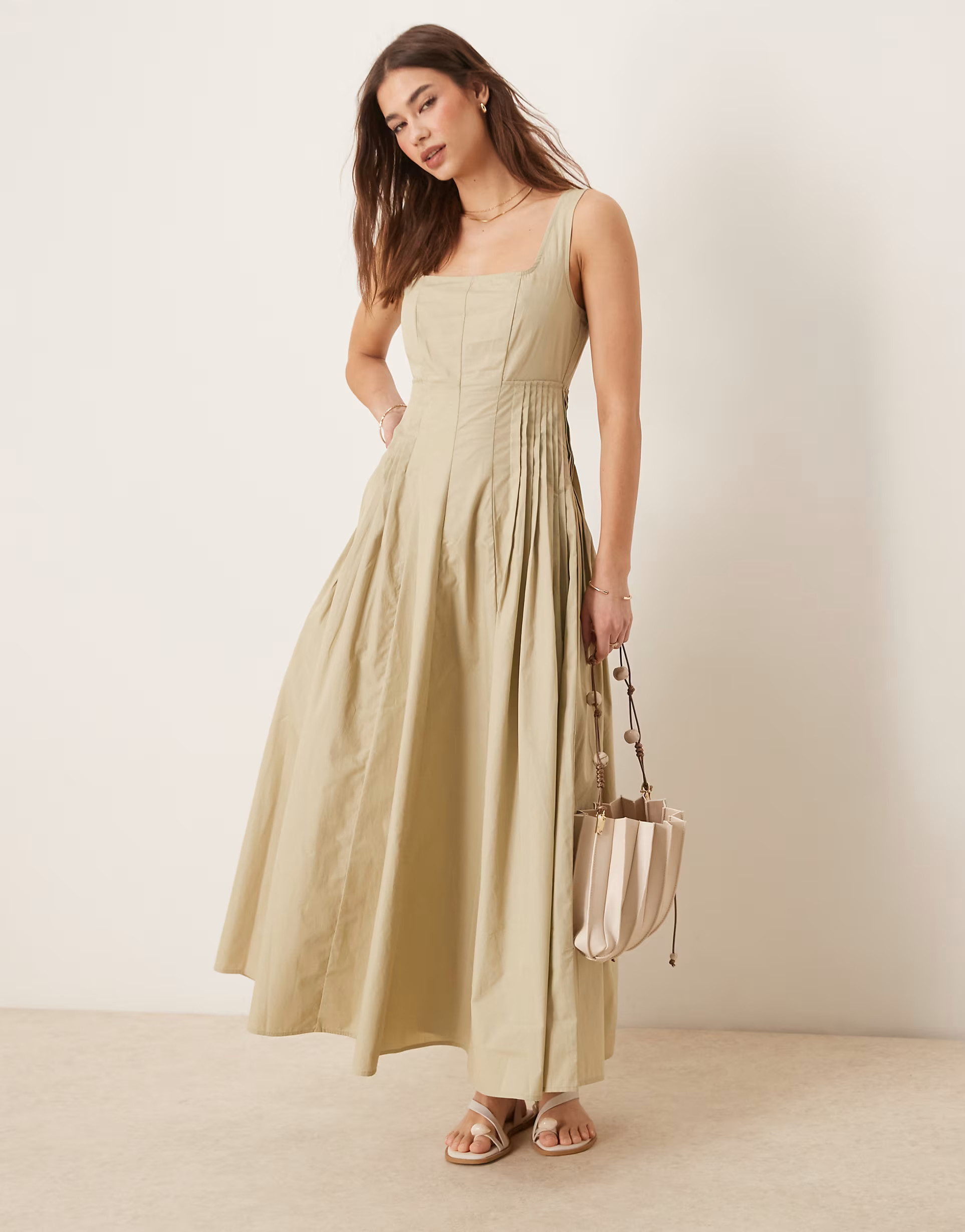 ASOS DESIGN scoop neck pleat waist midi dress in putty | ASOS (Global)
