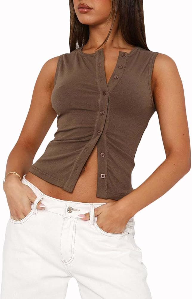 Women Button Down Tank Tops Ribbed Button Up Open Front Sleeveless Shirts Going Out Tops Slim Fit... | Amazon (US)