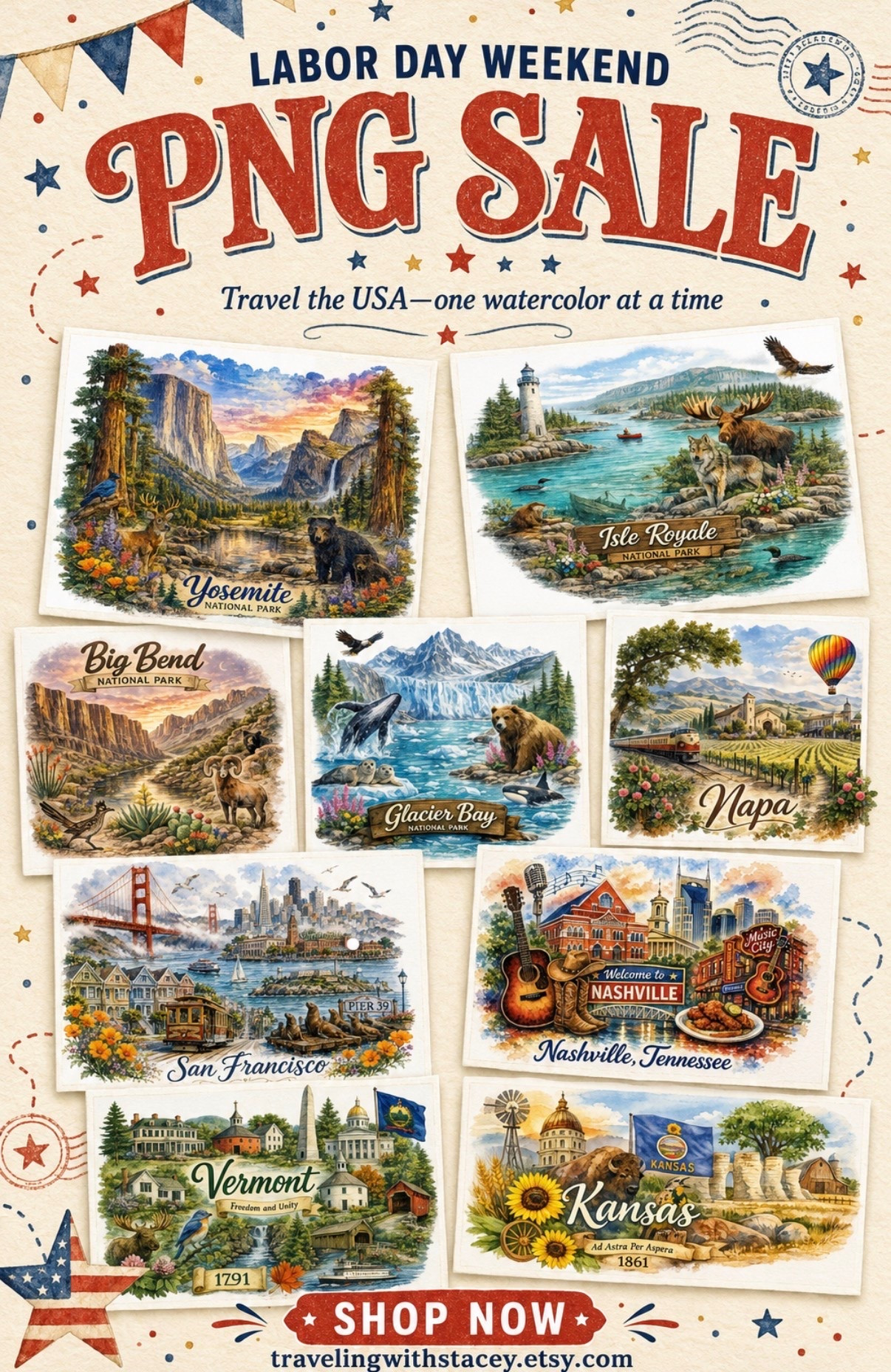 🇺🇸✈️ The Labor Day Weekend Sale is here!

Celebrate your favorite places—or dream about your next adventure—with watercolor travel PNGs featuring cities, states, and national parks across America. These high-resolution digital designs are perfect for shirts, mugs, ornaments, stickers, travel accessories, gifts, and more!

Shop the sale at travelingwithstacey.etsy.com 🛍️

#LaborDaySale #TravelPNG #EtsyDigitalDownloads #TravelingWithStacey #WatercolorArt

#LTKTravel #LTKSaleAlert #LTKSeasonal