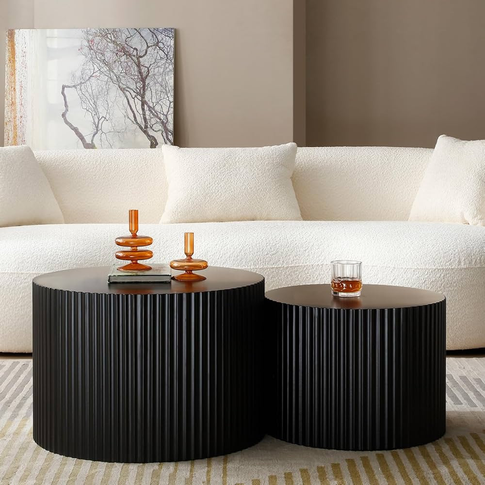 Round Nesting Coffee Table Set of 2, Modern Handcraft Wood Side Table Drum Accent End Table Embos... | Amazon (US)