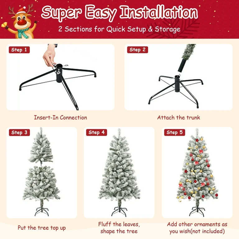 Posrue 4FT Pre-Lit Flocked Christmas Tree with 360 Branch Tips, Snow Artificial Xmas Tree with 10... | Walmart (US)