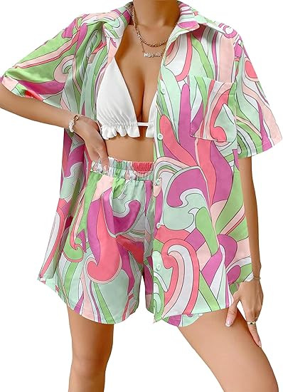 Women's 2 Piece Casual Summer Sets Short Sleeve Button Down Shirts and Shorts Set | Amazon (US)