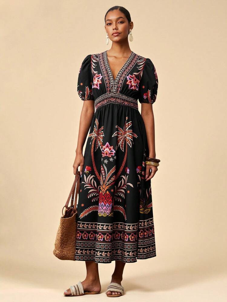 Travachic Women's Black Floral Palm Tree Print Puff Sleeve Dress,Summer Boho Beach Party Holiday ... | SHEIN