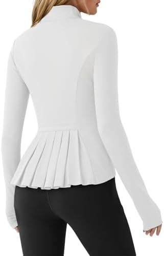 Fisoew Women's Zip Up Workout Jacket Pleated Lightweight Slim Fit Stand Collar Thumb Hole Tops wi... | Amazon (US)