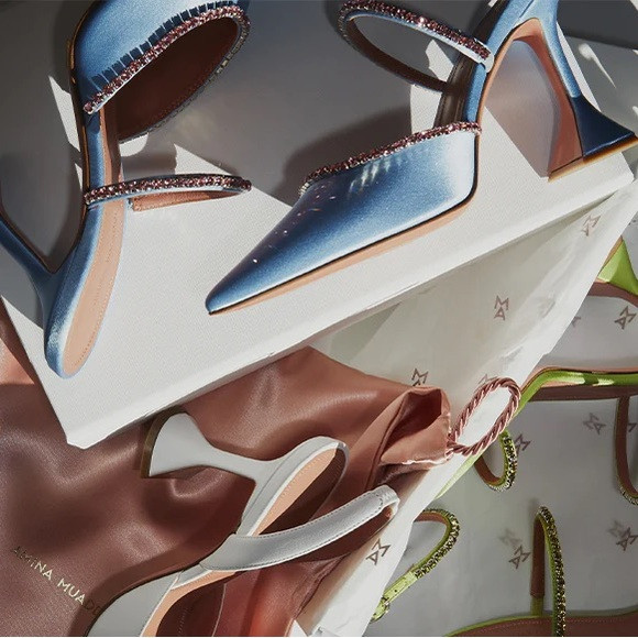 Amina Muaddi glida mule heels in powder blue with pink embellishments | Poshmark