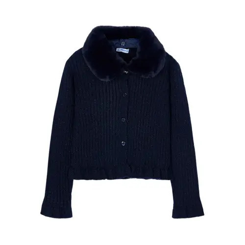 Mayoral Cardigan with Faux Fur Collar in Navy at Nordstrom, Size 5 | Nordstrom