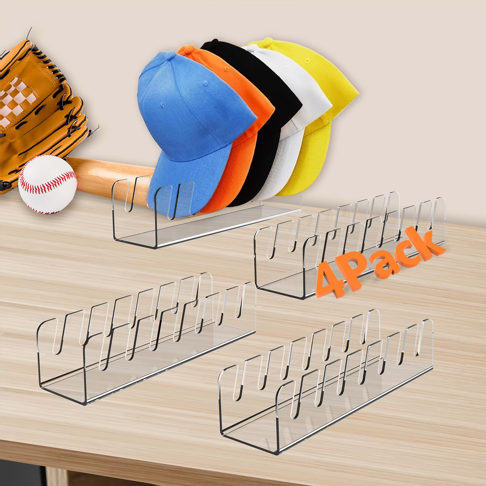 4 Pack Hat Storage Organizer for Baseball Caps - Acrylic Hat Display Rack for 28 Ball Caps, No In... | Amazon (US)